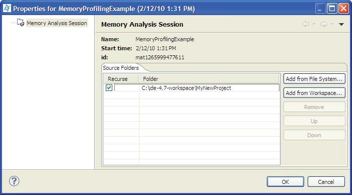 Memory Analysis session properties